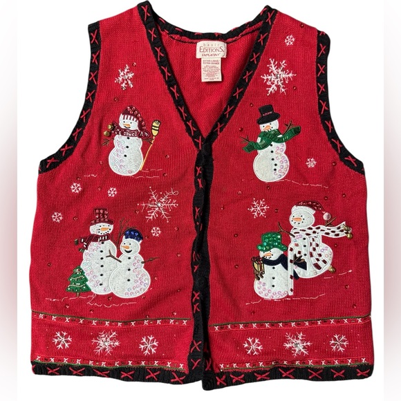 Ugly Christmas Sweater Vest Basic Exitions Holiday Snowmen Bells Womens XL - Picture 1 of 8